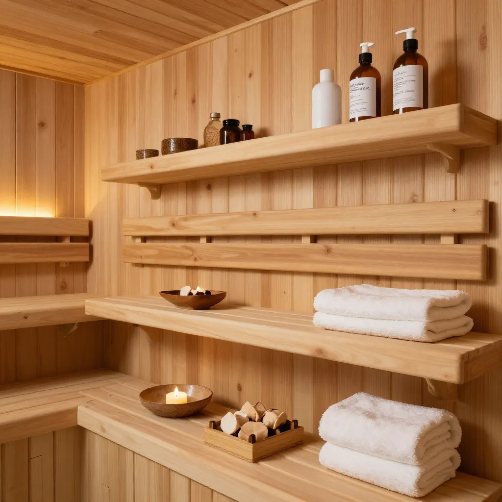 Wooden sauna accessories including bucket and ladle